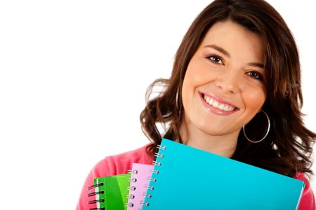 Female student holding notebooks - isolated over white