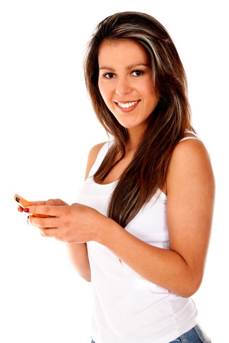Woman texting on her mobile phone? isolated over white