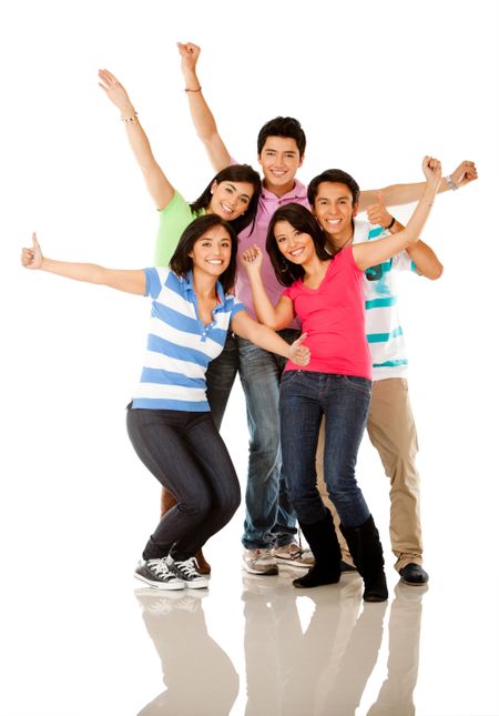 Happy group of people with arms up - isolated over white