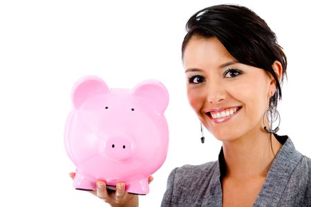 Happy business woman with a piggy bank - isolated