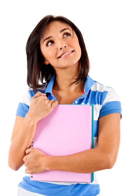 Pensive female student holding a notebook - isolated over white