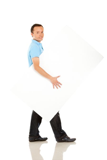 Man holding a banner ad - isolated over a white background