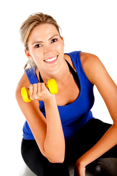 Woman exercising with free-weights isolated over a white background