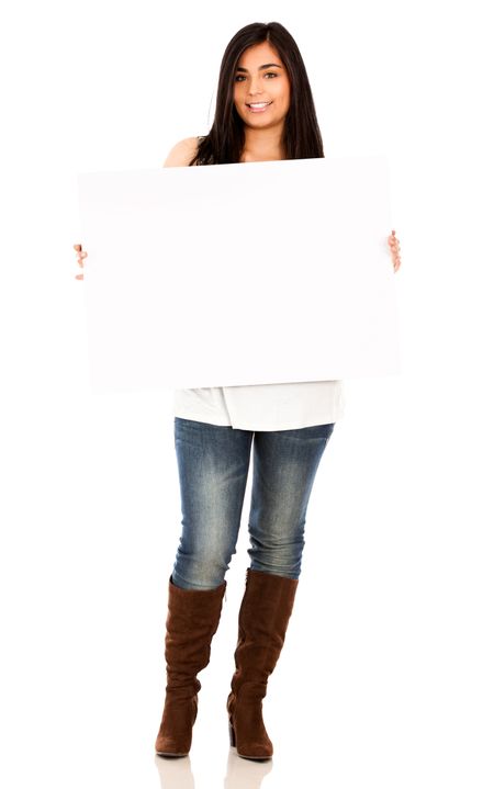 Fullbody woman holding a banner ad - isolated over a white background