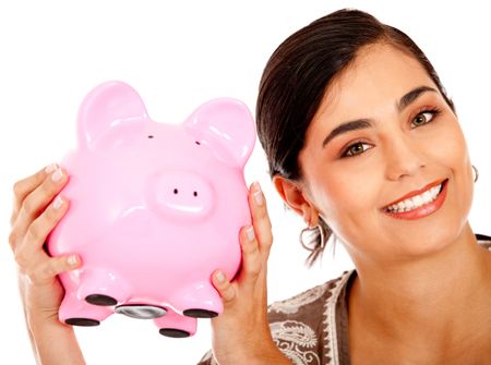 Happy business woman with a piggy bank - isolated