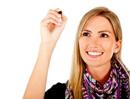 Woman holding a pen writing on an imaginary screen ? isolated