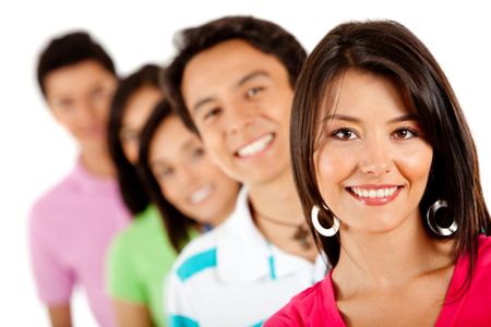 Group of young people in a row - isolated over a white background