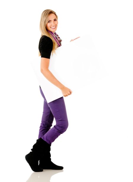 Fullbody woman carrying a banner ad - isolated over a white background