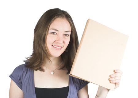beautiful woman holding a folder over a white background
