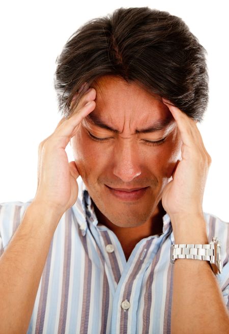 Man with a headache grabbing his head ? isolated over white