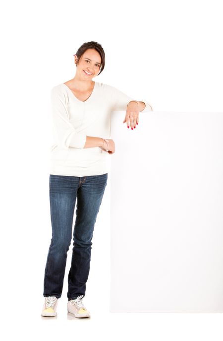 Fullbody woman holding a banner ad - isolated over a white background