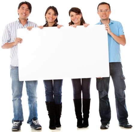 Group of people with a banner - isolated over white