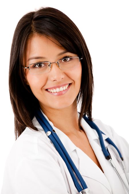Friendly female doctor smiling - isolated over white