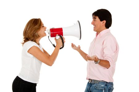 Couple?s fight with a woman screaming on a megaphone to a man - isolated