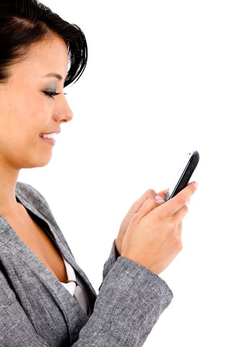 Business woman texting on her cell phone isolated