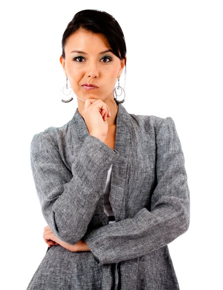 Skeptical business woman - isolated over white