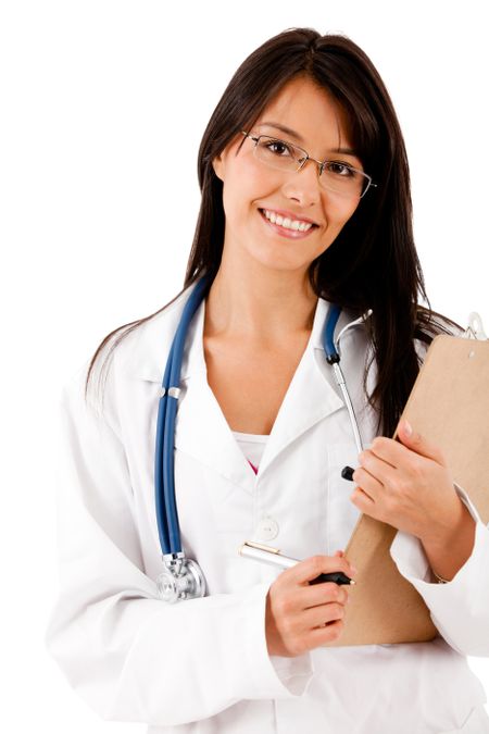 Friendly female doctor with a clipboard - isolated over white
