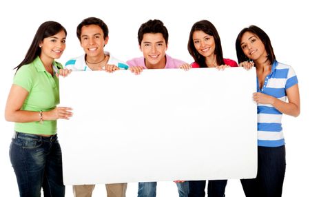 Group of people with a banner - isolated over white
