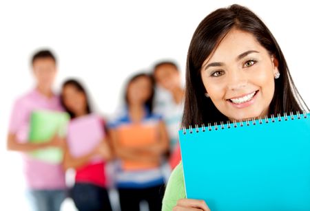 Female student smiling with a group behind her ? isolated