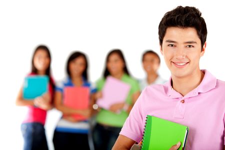 Male student smiling with a group behind her ? isolated