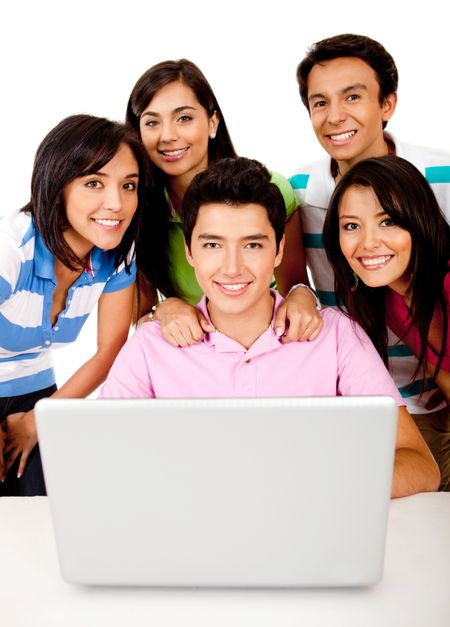 Group of people with a laptop computer ? isolated over a white background