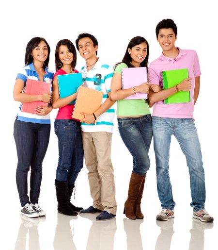 Happy group of students with notebooks - isolated over white