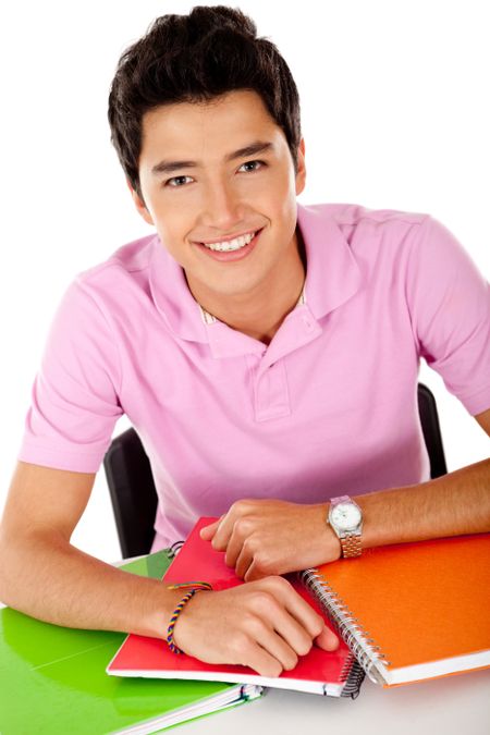 Man studying with notebooks - isolated over a white background