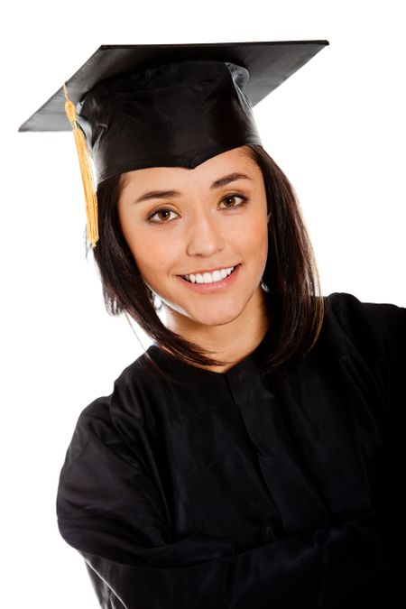 Female graduate wearing a gown and mortarboard - isolated over white