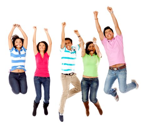 Group of excited people jumping - isolated over white