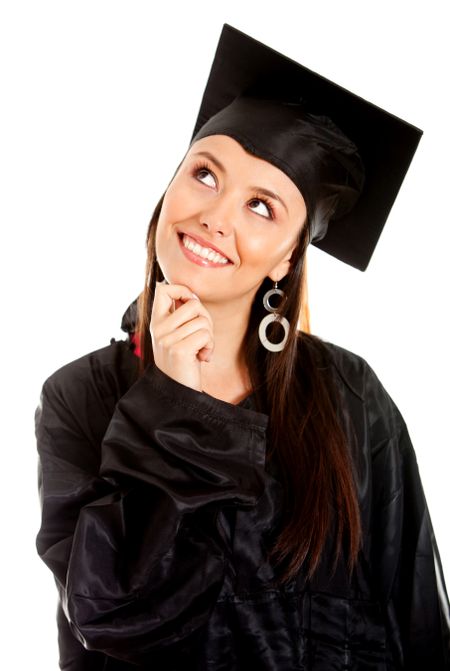 Pensive female graduate looking up - isolated over white
