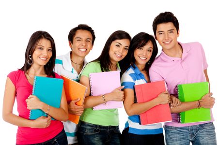 Happy group of students with notebooks - isolated over white