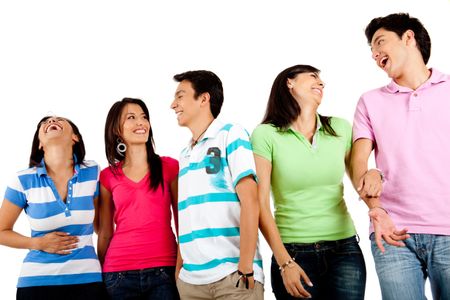 Group of happy friends laughing ? isolated over a white background