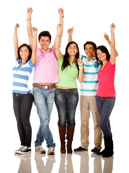 Happy group of people with arms up - isolated over white