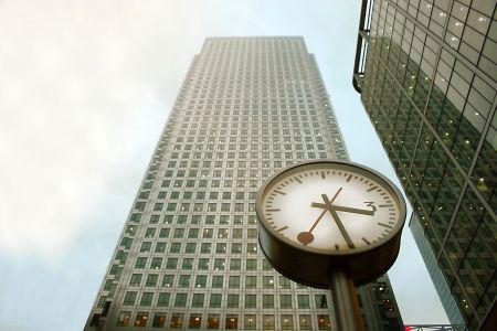 Clock in Front of a Corporate Building