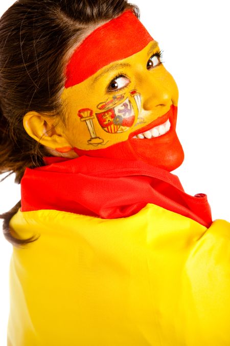 spanish-woman-flag-painted-face-isolated-76333609 Spanish woman with the flag painted on her face ? isolated over a white background