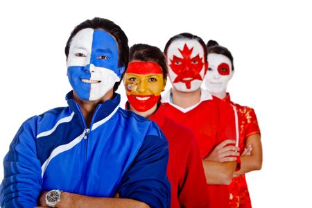 Group of people with flags of different countries painted on their faces