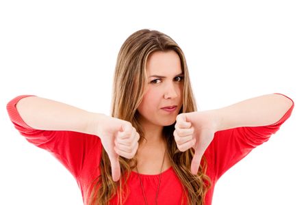 Woman with thumbs down - isolated over a white background