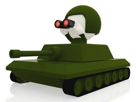 3D man in an army tank - isolated over a white background