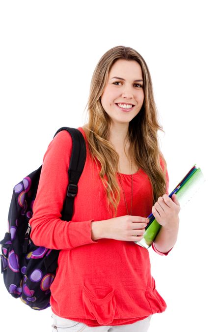 Female student with a backpack and notebooks - isolated over white