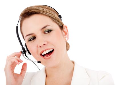 Business woman with headset - isolated over a white background