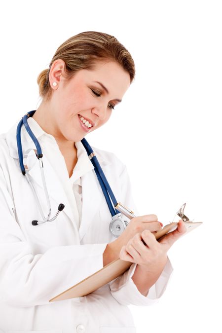 Friendly female doctor with a clipboard - isolated over white