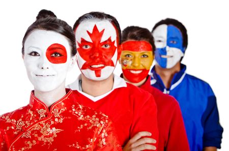 Group of people with flags of different countries painted on their faces