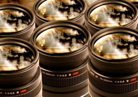 Camera Lenses with a red sky reflection