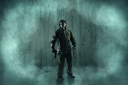 Dreadful dangerous man with wood, shanty wallpaper and fume around