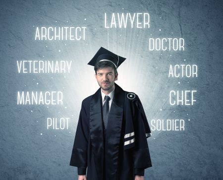 Graduete person looking for professions written above his head