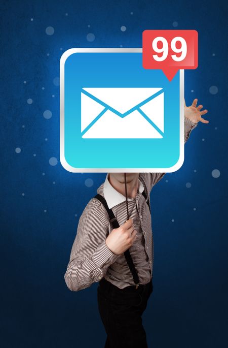 Casual businessman holding square sign with unread mail icon