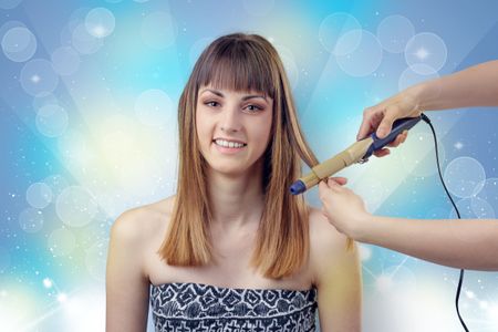 Skinny young girl portrait in beauty salon with colourful shiny concept
