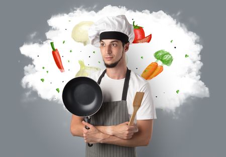 Drawn vegetables on cloud with male cook and kitchen tools
