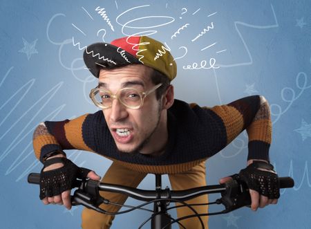 Young foolish crazy rider with doodle on the background