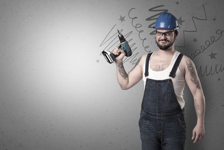 Handyman with tool in his hand and hand drawn lines above.